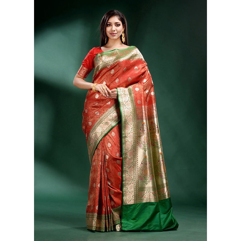 Red Tanchoi Banarasi Pure Silk Saree With Blouse Piece - JD986586202