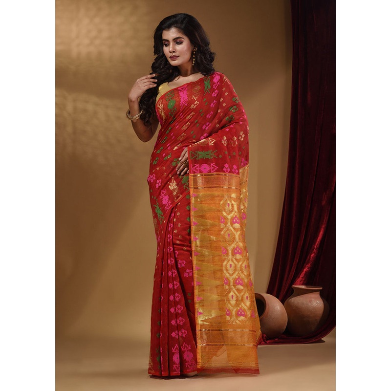 Red Tant Jamdani Saree With Blouse Piece - JD986586186