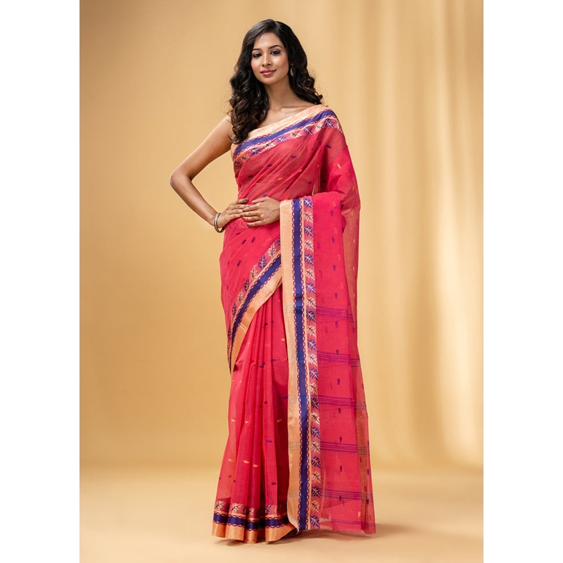 Rose Pink Pure Cotton Saree With Blouse Piece - JD986586183