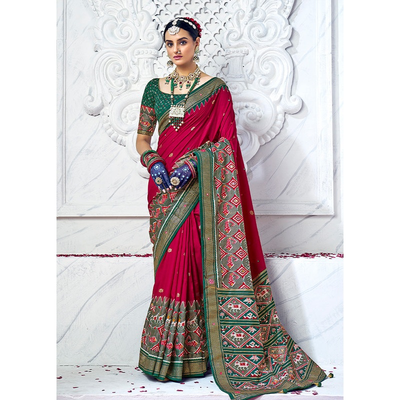 Rose Red Cotton Saree With Blouse Piece - JD986586182