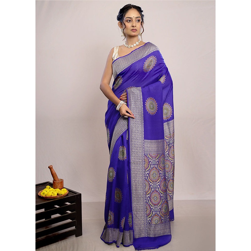 Royal Blue Chiffon Pure Silk Saree With Blouse Piece - JD986586179