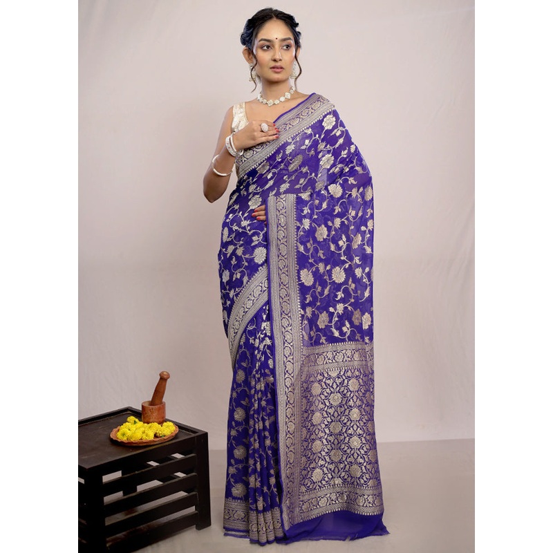 Royal Blue Chiffon Pure Silk Saree With Blouse Piece - JD986586180
