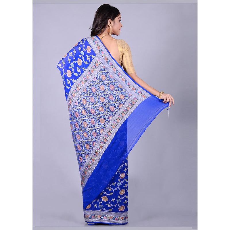 Royal Blue Chiffon Pure Silk Saree With Blouse Piece - JD986586181