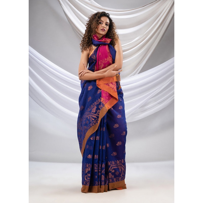 Royal Blue Cotton Saree With Blouse Piece - JD986586175
