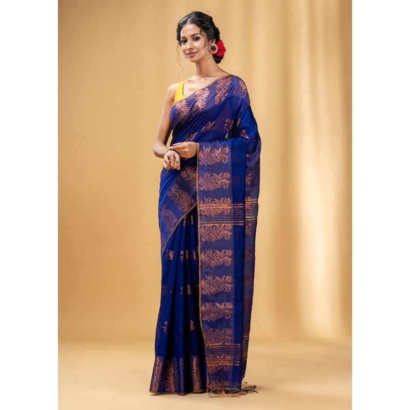 Royal Blue Cotton Saree With Blouse Piece - JD986586176