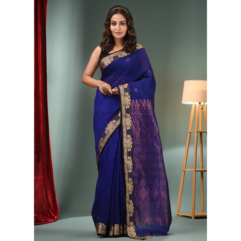Royal Blue Cotton Saree With Blouse Piece - JD986586177