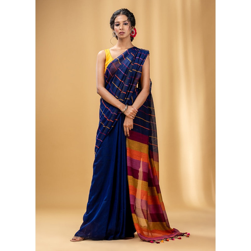 Royal Blue Cotton Saree With Blouse Piece - JD986586178