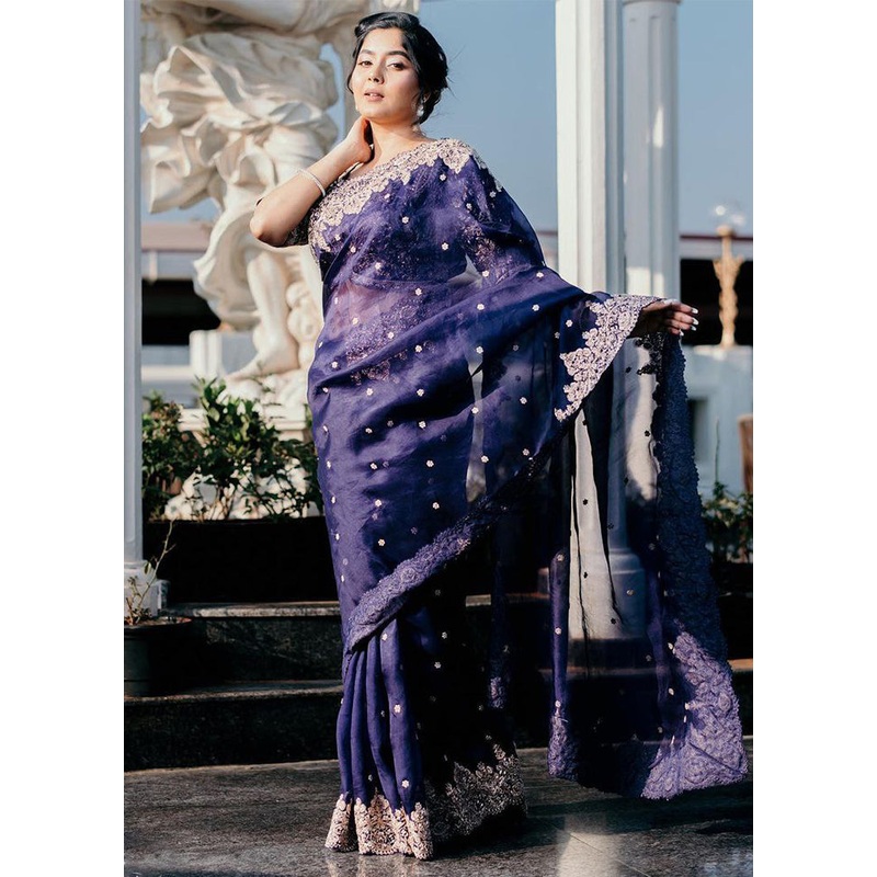 Royal Blue Organza Saree With Blouse Piece - JD986586173