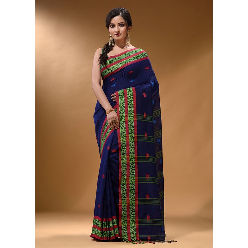 Royal Blue Pure Cotton Saree With Blouse Piece - JD986586172