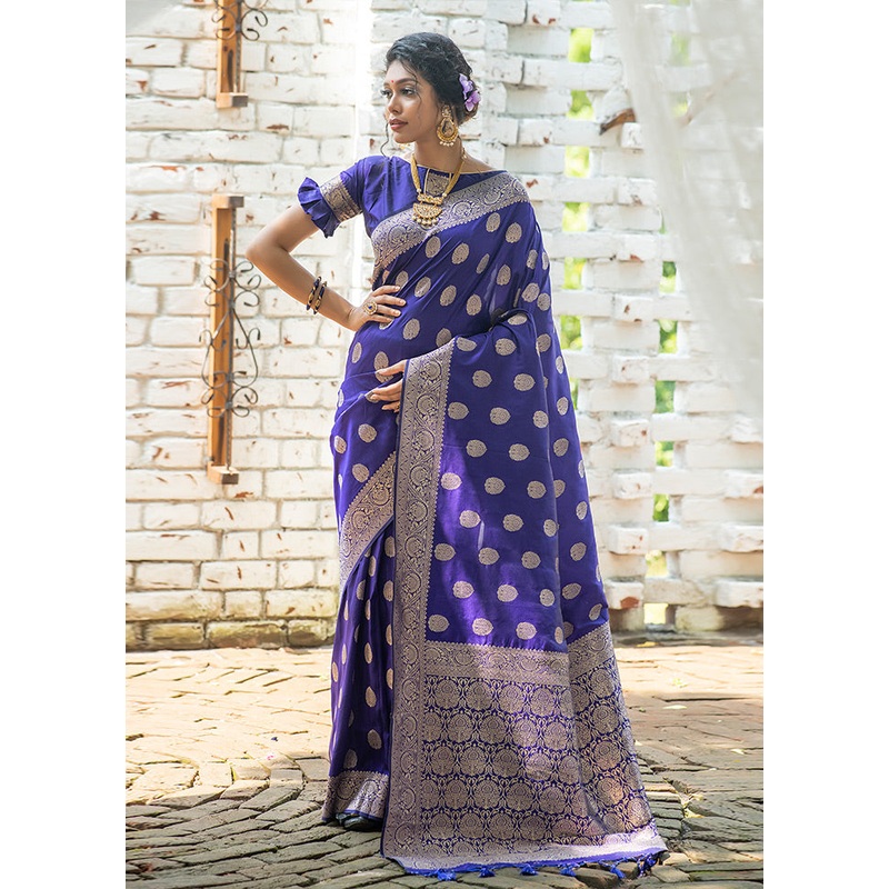 Royal Blue Spun Silk Saree With Blouse Piece - JD986586170