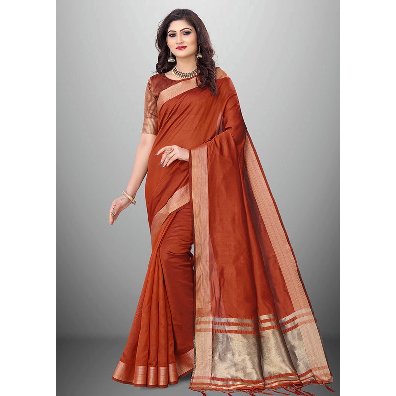 Rust Cotton Saree With Blouse Piece - JD986586169