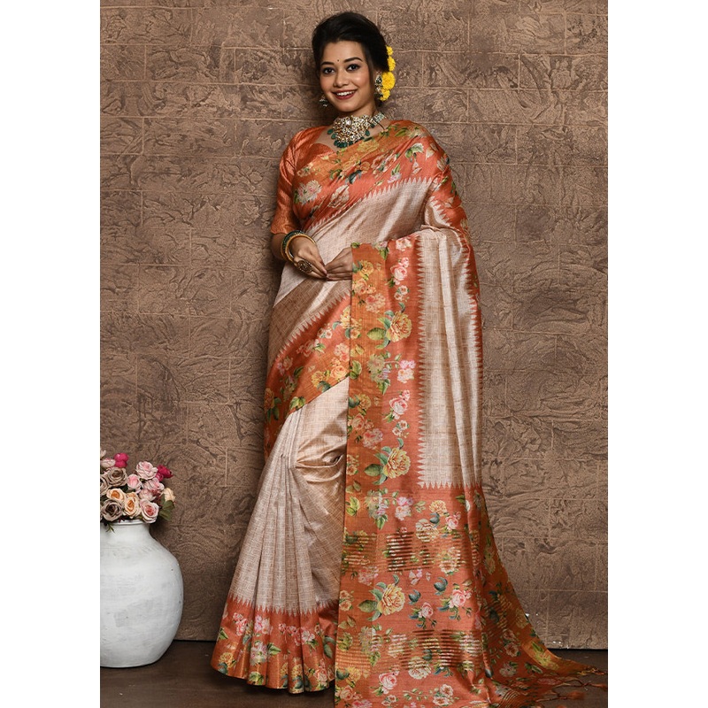 Rust Dupion Silk Saree With Blouse Piece - JD986586165