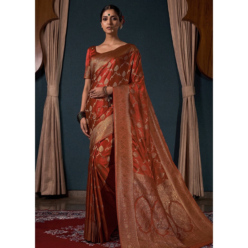 Rust Dupion Silk Saree With Blouse Piece - JD986586168