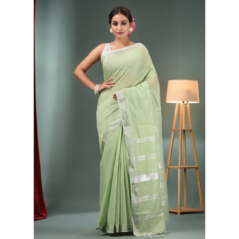 Sage Green Cotton Saree With Blouse Piece - JD986586163