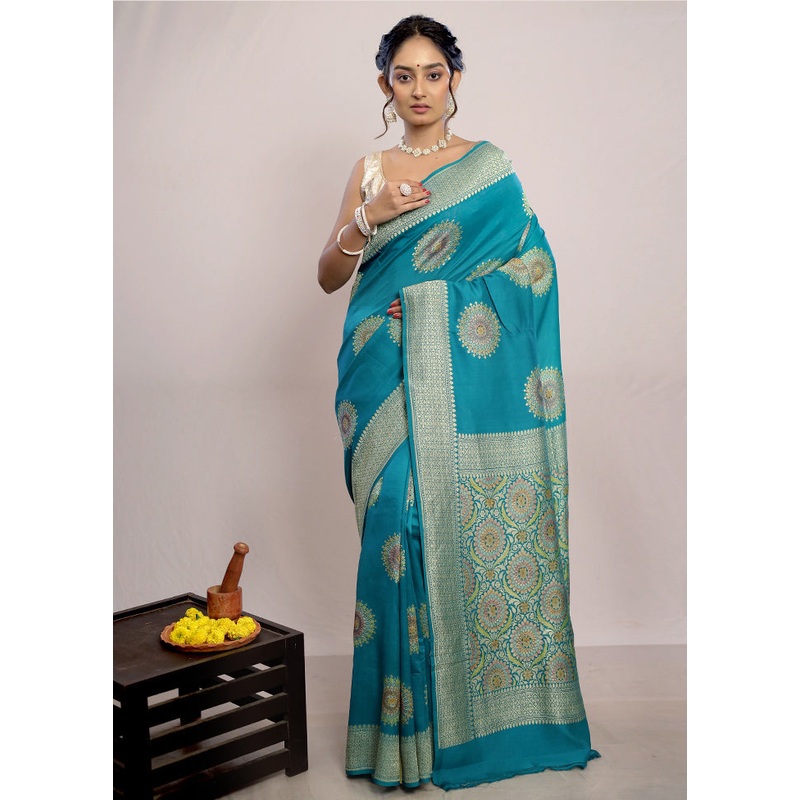 Sea Green Chiffon Pure Silk Saree With Blouse Piece - JD986586162