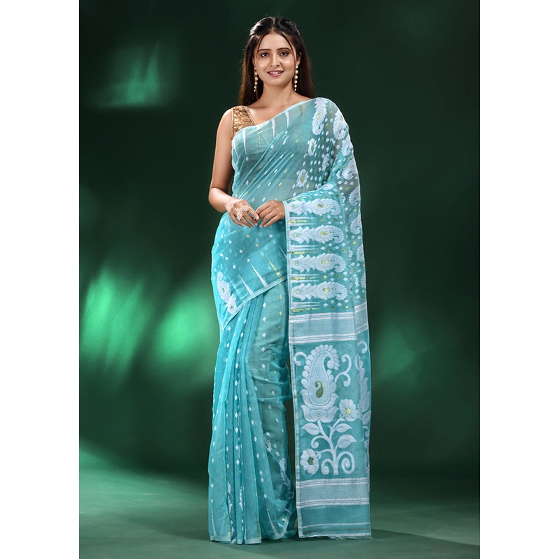Sea Green Cotton Saree With Blouse Piece - JD986586154