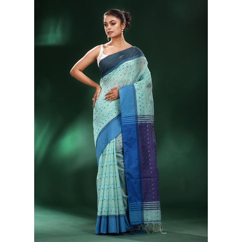 Sea Green Cotton Saree With Blouse Piece - JD986586156