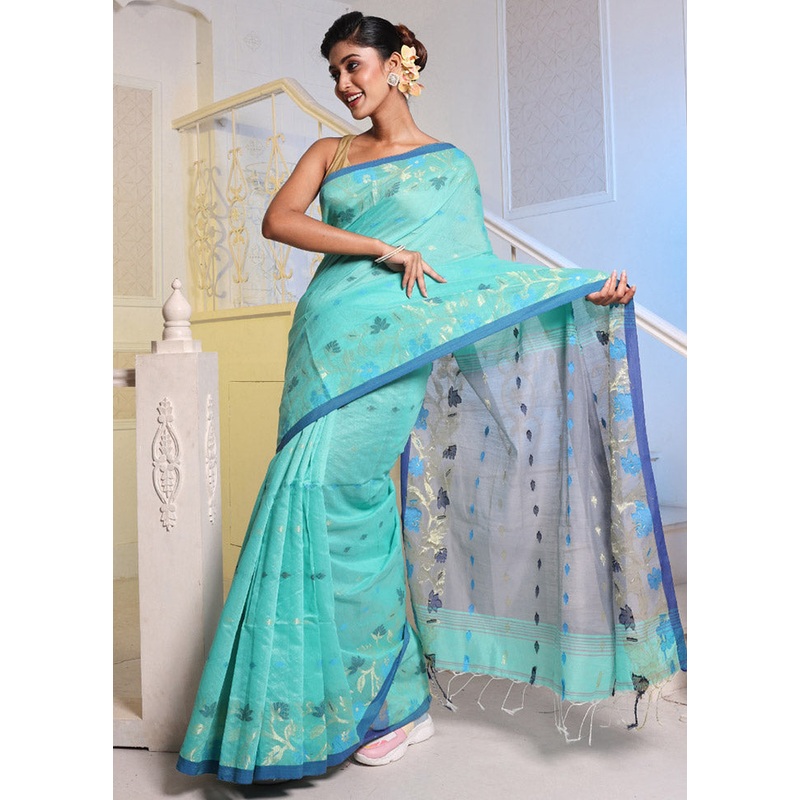 Sea Green Cotton Saree With Blouse Piece - JD986586157