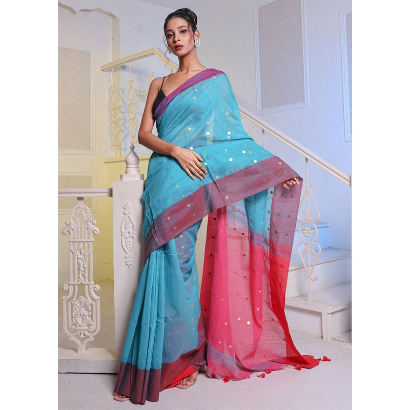 Sea Green Cotton Saree With Blouse Piece - JD986586158