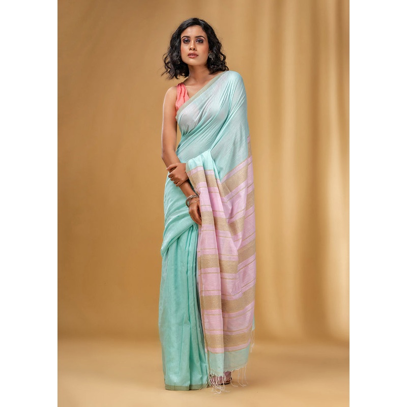Sea Green Cotton Saree With Blouse Piece - JD986586159