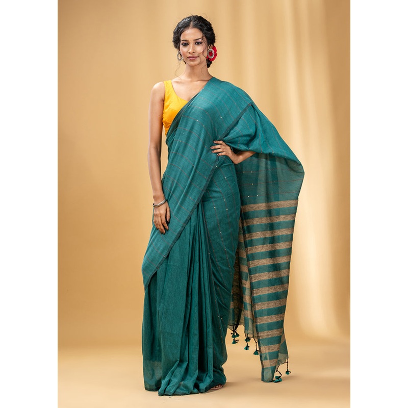 Sea Green Cotton Saree With Blouse Piece - JD986586160