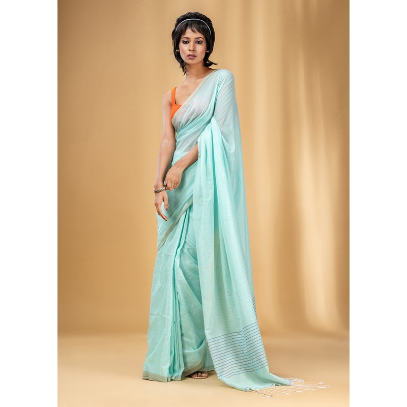 Sea Green Cotton Saree With Blouse Piece - JD986586161