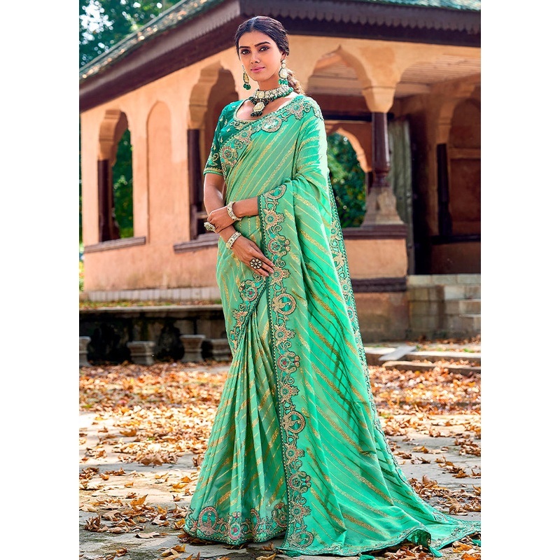 Sea Green Dupion Silk Saree With Blouse Piece - JD986586150