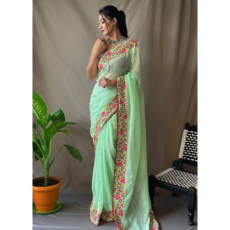 Sea Green Georgette Saree With Blouse Piece - JD986586148