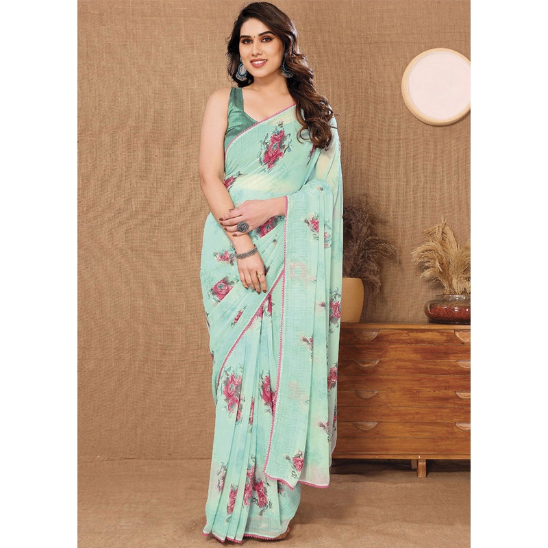 Sea Green Georgette Saree With Blouse Piece - JD986586149