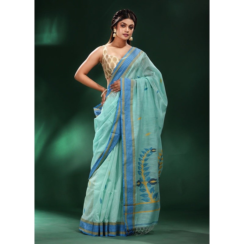 Sea Green Pure Cotton Saree With Blouse Piece - JD986586128