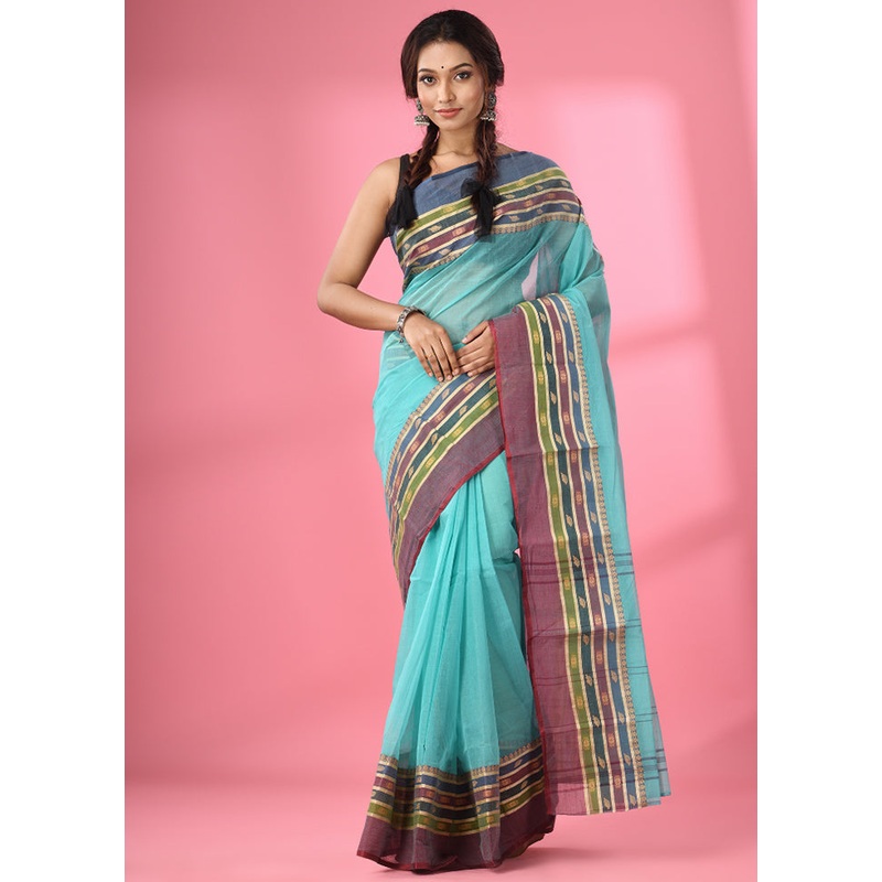 Sea Green Pure Cotton Saree With Blouse Piece - JD986586129