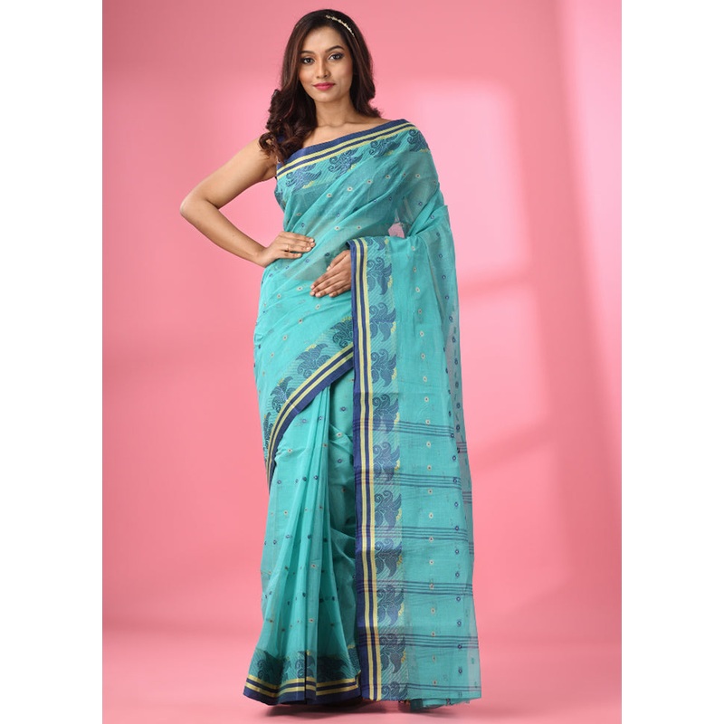 Sea Green Pure Cotton Saree With Blouse Piece - JD986586130