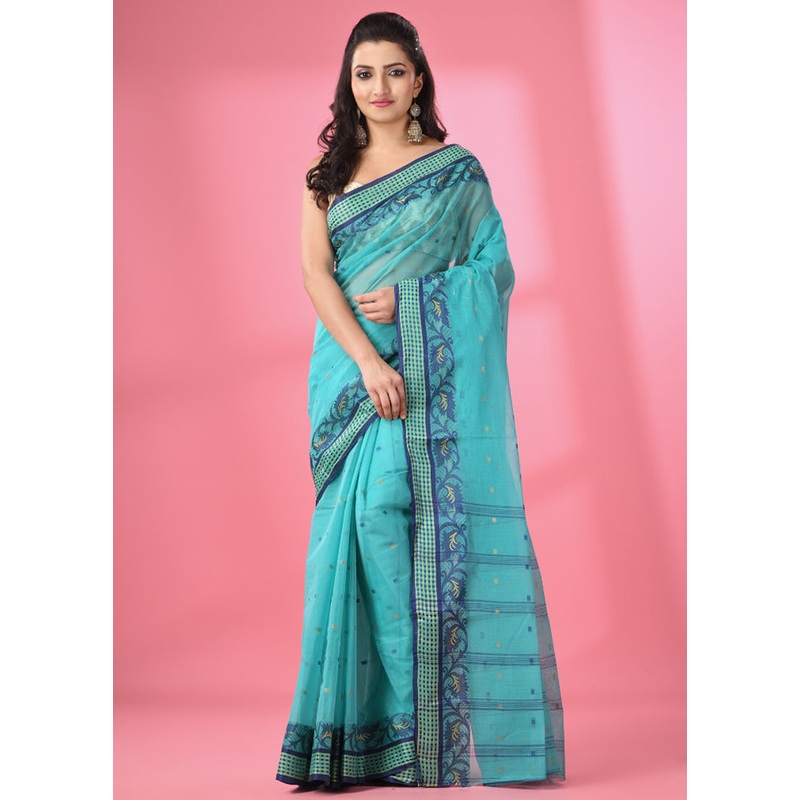 Sea Green Pure Cotton Saree With Blouse Piece - JD986586131