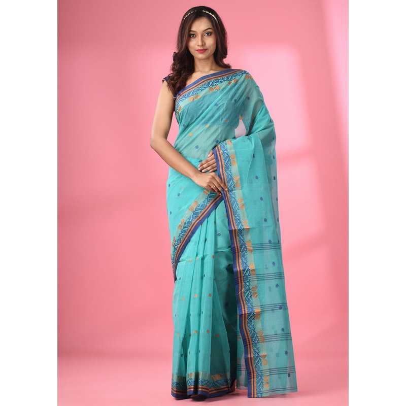 Sea Green Pure Cotton Saree With Blouse Piece - JD986586132
