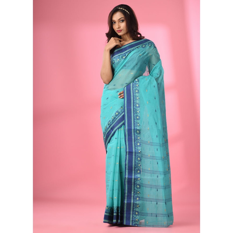 Sea Green Pure Cotton Saree With Blouse Piece - JD986586133