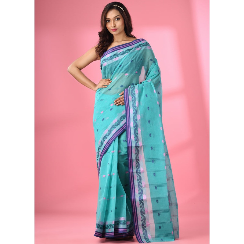 Sea Green Pure Cotton Saree With Blouse Piece - JD986586134