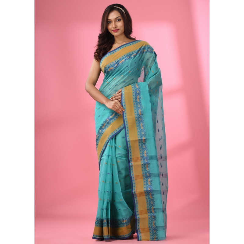 Sea Green Pure Cotton Saree With Blouse Piece - JD986586135