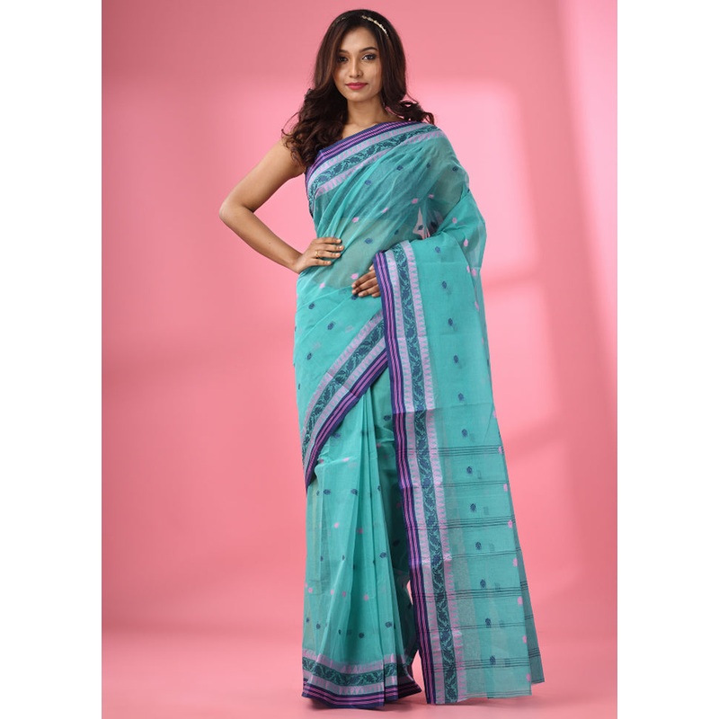 Sea Green Pure Cotton Saree With Blouse Piece - JD986586136