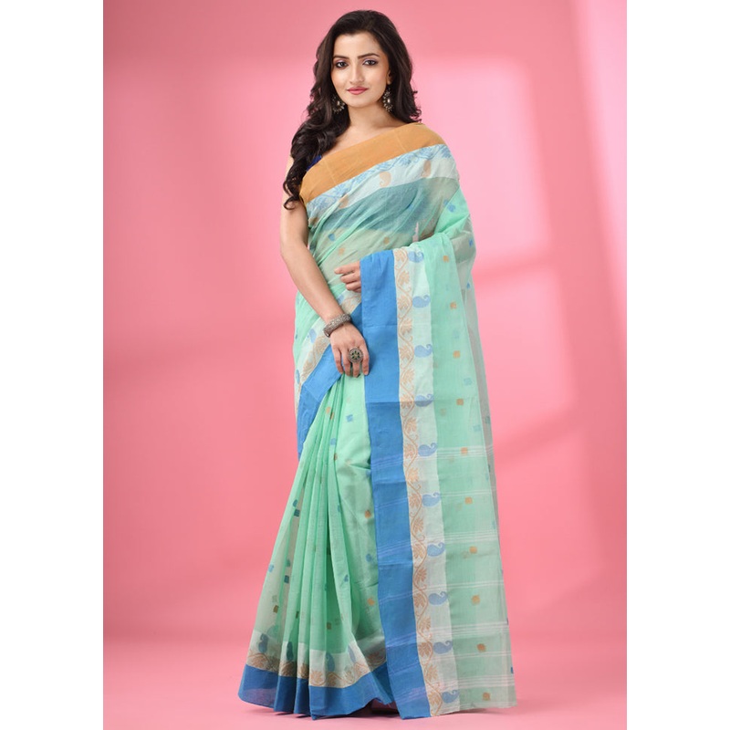 Sea Green Pure Cotton Saree With Blouse Piece - JD986586137