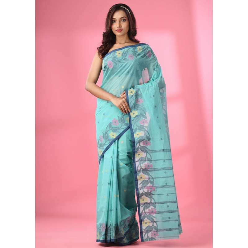 Sea Green Pure Cotton Saree With Blouse Piece - JD986586138