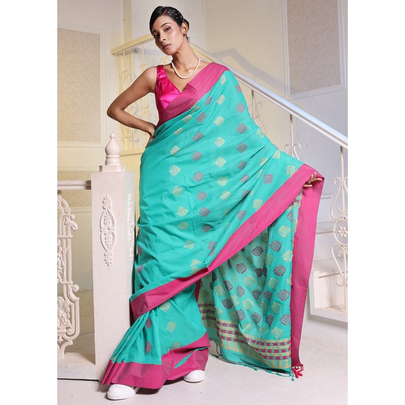 Sea Green Pure Cotton Saree With Blouse Piece - JD986586139