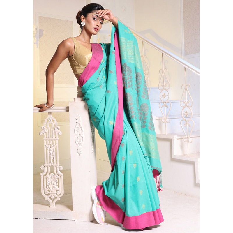 Sea Green Pure Cotton Saree With Blouse Piece - JD986586140