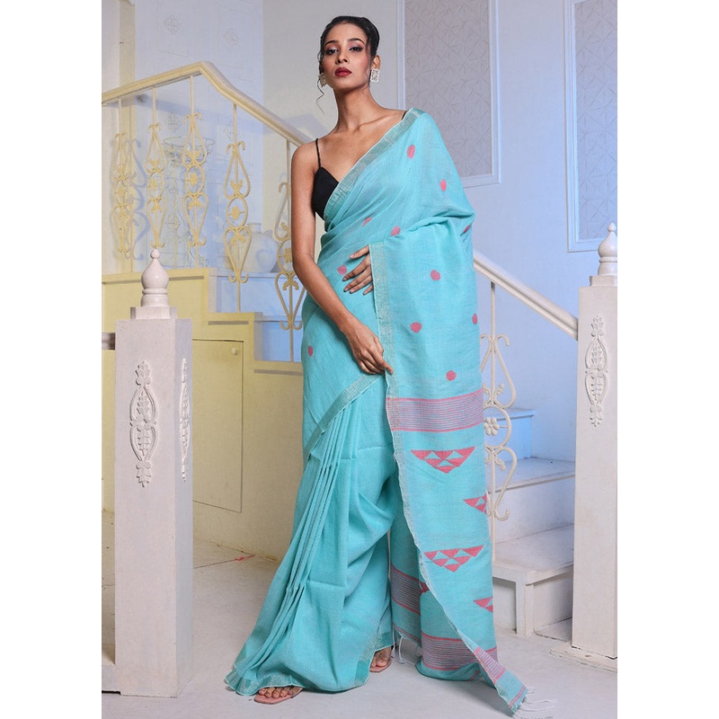 Sea Green Pure Cotton Saree With Blouse Piece - JD986586141