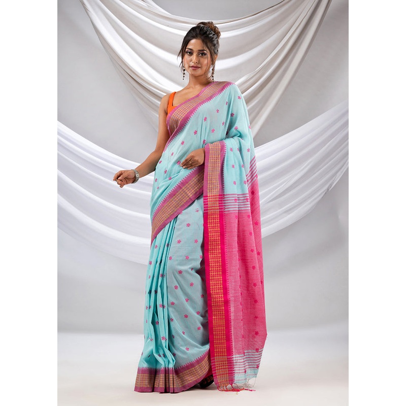 Sea Green Pure Cotton Saree With Blouse Piece - JD986586142
