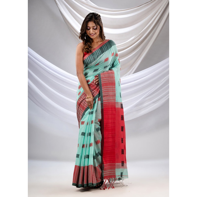 Sea Green Pure Cotton Saree With Blouse Piece - JD986586143