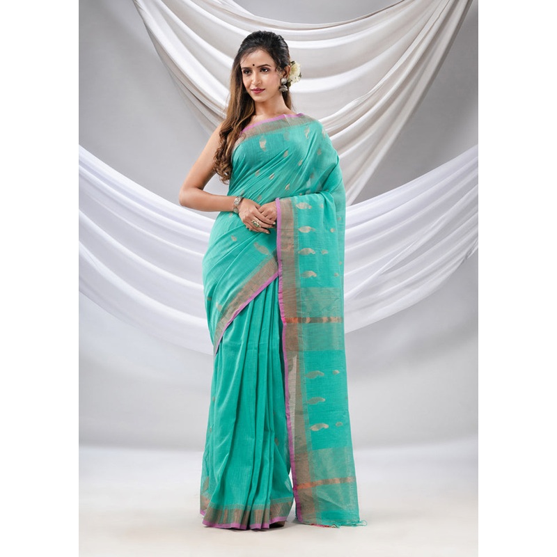 Sea Green Pure Cotton Saree With Blouse Piece - JD986586144