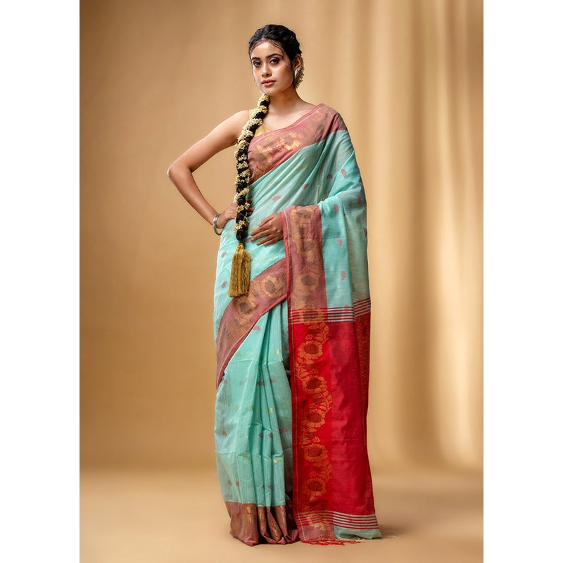 Sea Green Pure Cotton Saree With Blouse Piece - JD986586145