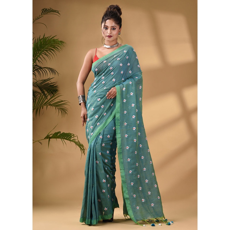 Sea Green Pure Cotton Saree With Blouse Piece - JD986586146