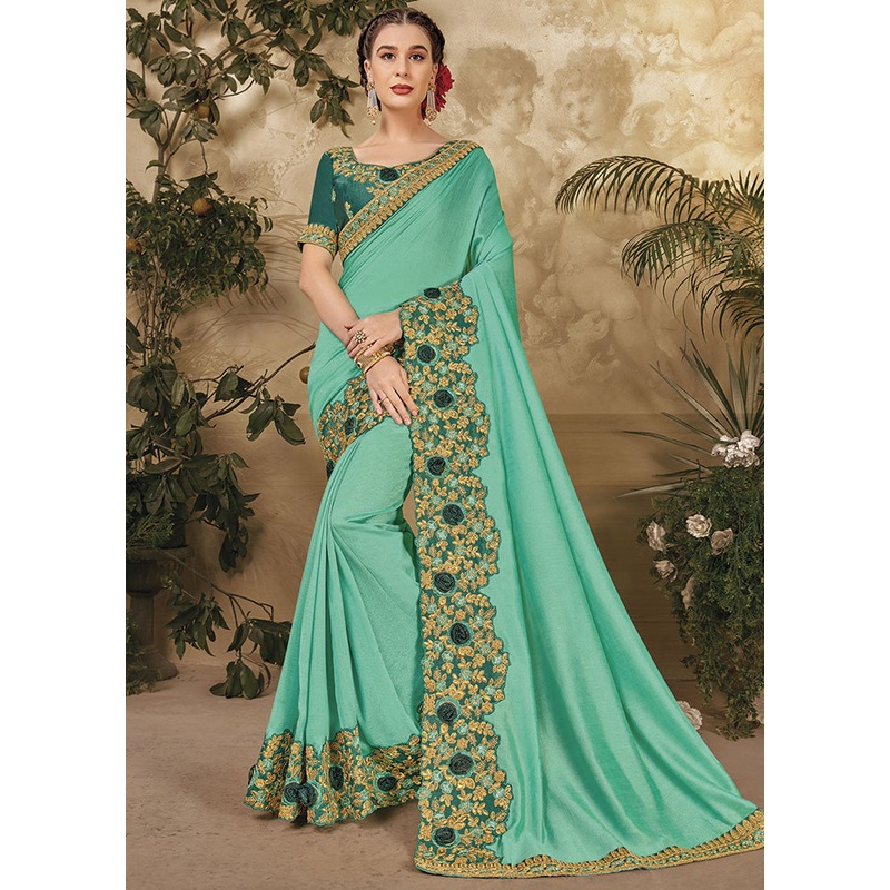 Sea Green Silk Saree With Blouse Piece - JD986586127