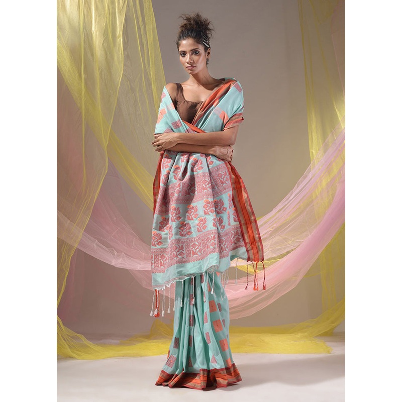 Sea Green Spun Silk Saree With Blouse Piece - JD986586121